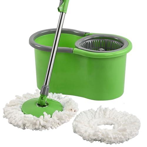 Kuber Industries Plastic Spin Mop Bucket | Extendable Handle Moppers for Cleaning Floor with 2 Refills | 360° Floor Cleaner Mopping Machine Set for Home & Office | Pocha Stick - (Green) - Kuber Industries Home Improvement