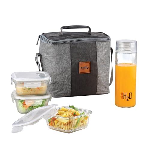 CELLO Glassy Square Lunch Box Set of 4 | (320ml x 3) & 1 Clear Glass Water Bottle (500ml) | Leak-Proof & Microwavable Toughened Glass | Perfect Lunch Box Set for Office, School & College - CELLO Kitchen