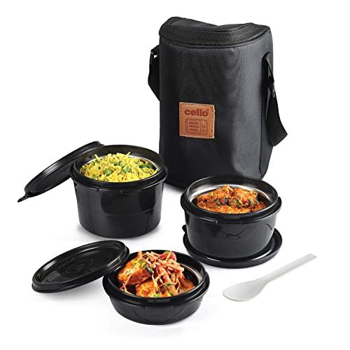 Cello All In One Lunch Box with Fabric Bag, Black | 3 Microwave Safe Insulated Inner Steel Containers (550ml,375ml,225ml)| Food Grade, BPA Free, Air Tight Leak Proof Tiffin Box Set For Office, College - CELLO Kitchen