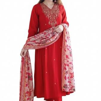 KLOSIA Women Embroidery Kurta and Pant Set with Dupataa (Red, XL) - KLOSIA Apparel