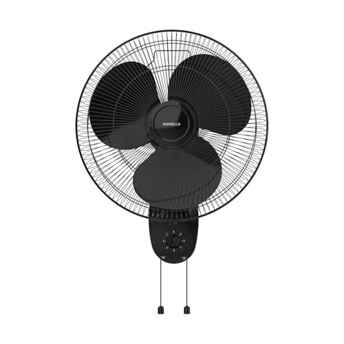 Havells Gatik Pro 400mm Wall Mount Fan | RPM: 1350 | Double string for Speed & Oscillation control | Thermal Overloaded Protected Motor | 100% Copper Wire Winding Motor | 2 Year Warranty (Black) - Havells Kitchen