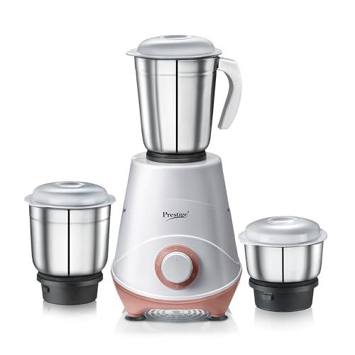 Prestige 500W Nexus Mixer Grinder with 3 Stainless Steel jars|1200ml Wet Jar,800ml dry jar, 400ml chutney jar|3 Super-efficient Blades|3 motor setting|Sturdy Handles |2 Yrs Warranty|White & Rose Gold - Prestige Kitchen