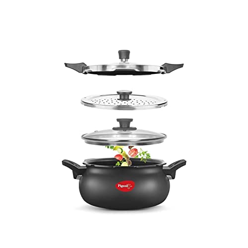Pigeon By Stovekraft All in One Super Cooker Aluminium with Outer Lid Induction and Gas Stove Compatible 5 Litre Capacity for Healthy Cooking (Black)