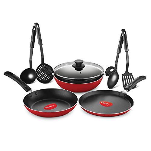 Pigeon by Stovekraft Mio Nonstick Aluminium Cookware Gift Set, Includes Nonstick Flat Tawa, Nonstick Fry Pan, Kitchen Tool Set, Kadai with Glass Lid, 8 Pieces Non-Induction Base Kitchen Set - Red - Pigeon Kitchen