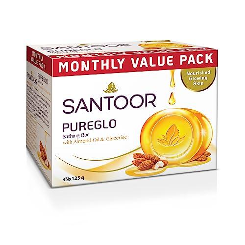 Santoor PureGlo Glycerine Soap with Almond Oil and Glycerine, 125g for Nourished Glowing Skin - SANTOOR Beauty