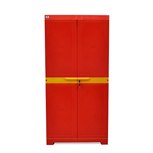 Nilkamal Freedom Big FMM Plastic Cabinet | 3-Year Warranty | 4-Shelf Storage Cupboard with Doors | Multi Organizer | for Home, Wardrobe, and Kitchen | Clothes Rack | Red & Yellow