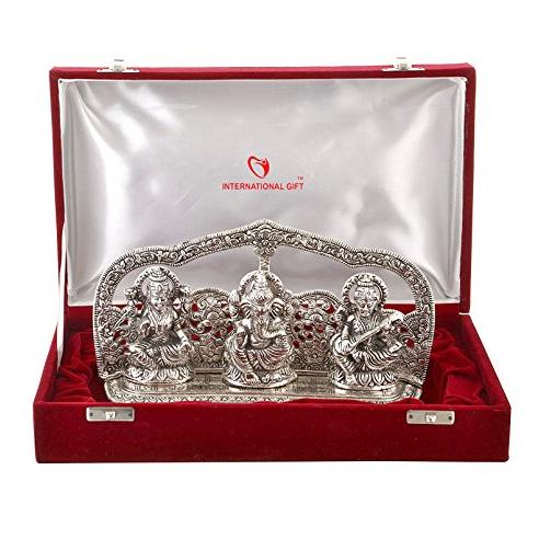 INTERNATIONAL GIFT® Silver Laxmi Ganesh Sarswati Idol Statue Oxidized Finish with Red Velvet Box Packing with Beautiful Carry Bag (14 cm X 25 cm X 5 cm) - INTERNATIONAL GIFT Home