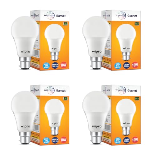 wipro Garnet 10W LED Bulb for Home & Office |Cool Day White (6500K) | B22 Base|220 degree Light coverage |4Kv Surge Protection |400V High Voltage Protection |Energy Efficient | Pack of 4