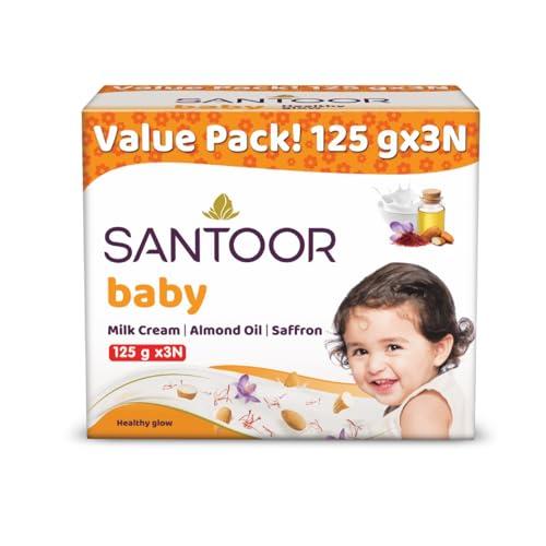 Santoor Baby Bathing Bar Soap with Milk Cream, Saffron, & Almond Oil for Soft & Supple Skin| Gentle & Rich Lathering Formula with Mild Fragrance| 125gx3