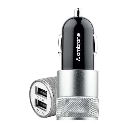 Ambrane 12W Fast Car Charger, Dual USB Output, Multi-Layer Protection, Fast Charging, Compatible with All Cars, Without Cable for All Mobiles & Other USB Enabled Devices (ACC74, Black & Silver) - Ambrane Wireless Accessory