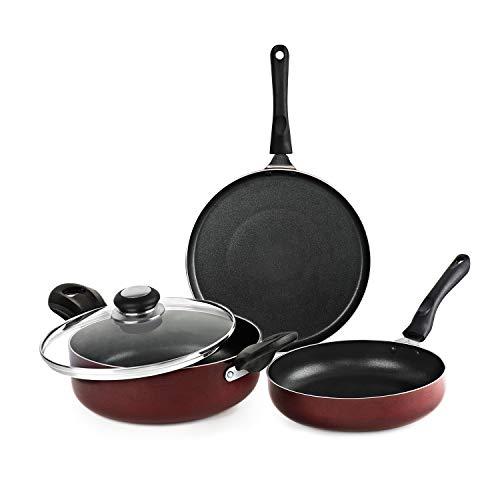 Cello Prima 3 pcs Non-Stick Aluminium Cookware Set, Cherry Red (28 cm Dosa Tawa, 22 cm Kadai with Glass Lid, 22 cm Fry Pan) | Induction Base, PFOA-Free, Sturdy Handles, Ideal for Gifting - CELLO Kitchen