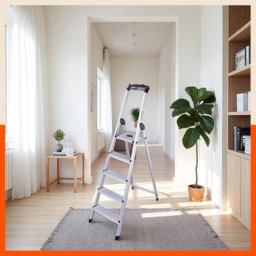 Bathla Elevate 5-Step Foldable Aluminium Ladder for Home with Tool Tray | Anti-Skid | Durable, Heavy Duty, Safe & Stylish | 5-Year Warranty | Black