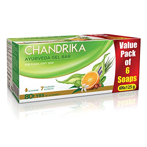 Chandrika Glycerine Ayurveda Gel Bar| Glycerine Bath Soap with Jojoba Oil for Moisturized Skin| For All Skin Types| 125g (Pack of 6)
