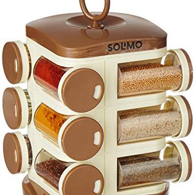 Amazon Brand - Solimo Plastic Revolving Spice Rack Set | 12 pieces | Tiered Shelf | Tabletop | Light Brown - Amazon Brand - Solimo Kitchen