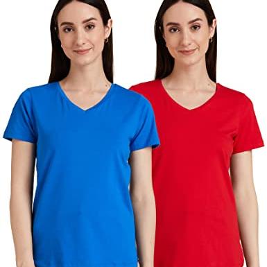 Amazon Brand - Symbol Women's Solid Regular Fit Half Sleeve T-Shirt (SYMAW19VN10_Cobalt & Red_Small) (Combo Pack of 2) - Amazon Brand - Symbol Apparel
