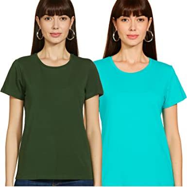 Amazon Brand - Symbol Women's Cotton Regular Fit T-Shirt (Olive & Turquoise_ M) - Amazon Brand - Symbol Apparel