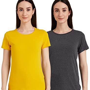 Amazon Brand - Symbol Women's Solid Regular Fit Half Sleeve T-Shirt (SYMAW19RN12_Anthra Melange & Mustard_S) (Combo Pack of 2) - Amazon Brand - Symbol Apparel