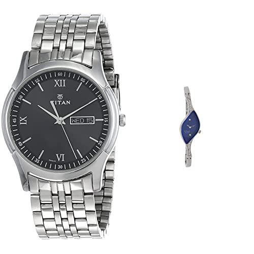 Titan Karishma Quartz Analog with Day and Date Black Dial Silver Stainless Steel Strap Watch for Men – NT1636SM01