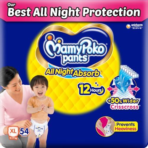 Mamypoko Pants All Night Absorb, Pant Style Baby Diapers XL Size, 54 Count, Ideal for 12-17Kgs, +50% Wider and Repeated Absorption for All Night 12hr Protection from Leakage, Prevents Heaviness - MamyPoko Baby Product