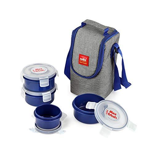 CELLO MF Click Lunch Box with Insulated Jacket, Blue | 3 x 300ml Containers, 1 x 180 ml Pickel Container, Spoon & Fork | Food Grade, BPA Free PET Body | Airtight Clip Lock, Leakproof Tiffin Box Set - CELLO Kitchen