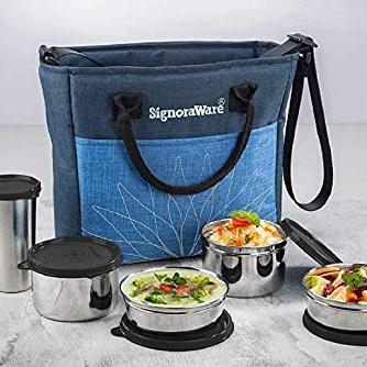 Signoraware Officier Stainless Steel Lunch Box with Bag, (Set of 5, 380 ml, 380 ml, 500 ml, 500 ml, 370 ml) - SIGNORA WARE Kitchen