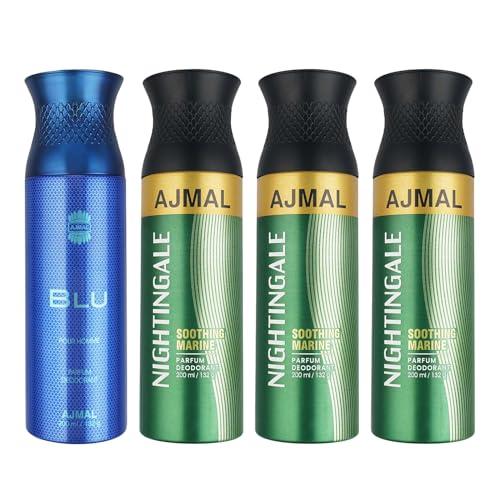 Ajmal 1 Blu Homme for Men and 3 Nightingale for Men & Women Deodorants each 200ML Combo pack of 4 (Total 800ML) - Ajmal Luxury Beauty