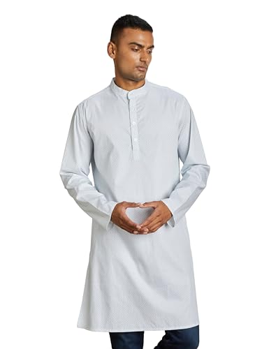 Amazon Brand - Symbol Men's Cotton Printed Regular Long Kurta (SYMETHLKUR-9_White & Light Blue_M)