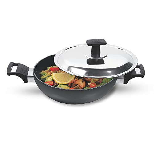 MILTON Pro cook Hard Anodized Non-Stick Kadhai with Stainless Steel Lid, 22cm / 2.1L, Metal Spoon Friendly, Aluminium Deep Kadai for Cooking, Induction & Gas Stove Compatible, 3 Years Warranty