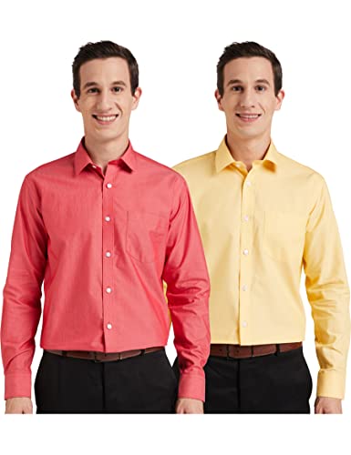 Amazon Brand - Symbol Men's Cotton Formal Shirt | Casual | Plain | Full Sleeve | Combo Pack of 2 - Regular Fit (Available in Plus Size) (Pale Yellow&Mid Red_40)