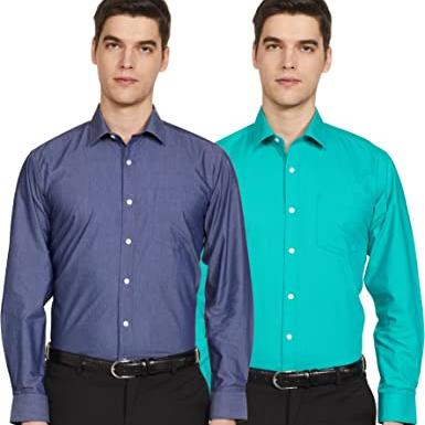 Amazon Brand - Symbol Men's Cotton Formal Shirt | Casual | Plain | Full Sleeve | Combo Pack of 2 - Regular Fit (Available in Plus Size) (Navy&Teal Green_44) - Amazon Brand - Symbol Apparel