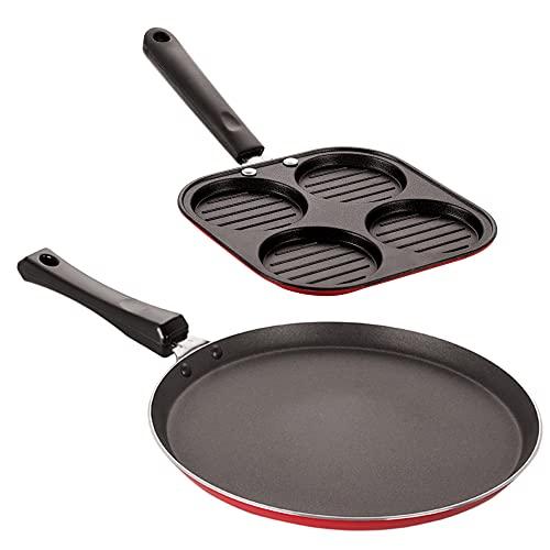 NIRLON Kitchen Accessories for Cooking Non Stick Aluminium cookware Set of Casting Uttapam-4 Cavity & Flat Tawa-26cm (Color-Red) - NIRLON Kitchen