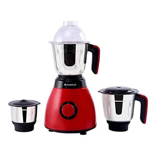 Wonderchef Vesper Mixer Grinder | 3 Leak-Proof Stainless Steel Jars with Secure lids | Powerful 600W Motor | 3-Speed & Pulse Function | Anti Skid Feets | 5 Years Warranty on Motor | Red - Wonderchef Kitchen