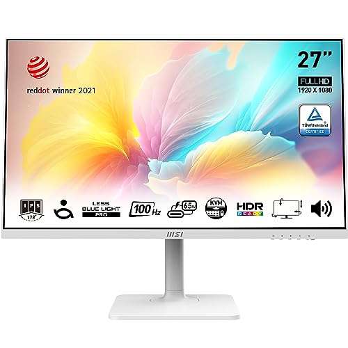 MSI Modern MD272XPW 27 Inch FHD Office Monitor – 1920 x 1080 IPS Panel, 100 Hz, Eye-Friendly Screen, HDR Ready, Built-in Speakers, 4-Way Adjustable Stand, KVM – DP 1.2a, HDMI 1.4b, USB Type-C, White
