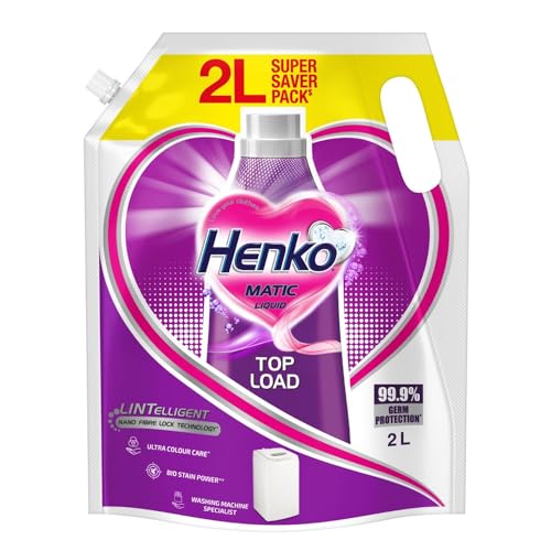 Henko Matic Top Load Liquid Detergent – 2L Refill Pouch with Nano Fiber Lock Technology, 99.9% Germ Protection, Bio Stain Power & Ultra Color Care which maintains the Newness, Color & Shine