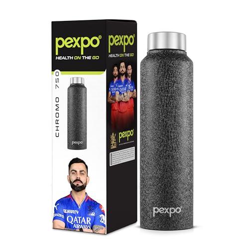 PEXPO Chromo Pro ISI Certified Stainless Steel Sports/Fridge Water Bottle - 750ml| RCB Edition | Single Wall | Leakproof | Lightweight | For Home, Office, Gym, School, Travelling - Black - PEXPO Kitchen