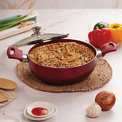 Cello Crown Induction Base Kadhai 2.5 LTR Glass Lid -Maroon - CELLO Kitchen