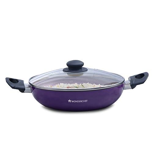 Wonderchef Valencia Non-Stick Kadhai with Glass Lid | Cool Touch Bakelite Handles | Pure Grade Aluminium| PFOA Free|2 litres Capacity | Size 24 cm Kadai | 1 Year Warranty | Purple - Wonderchef Kitchen