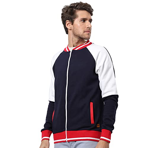 Campus Sutra Men's Blue & Red Colour-Blocked Solid Regular Fit Cotton Varsity Jacket For Winter Wear | Low-Cut Standing Collar | Full Sleeve | Zipper | Casual Jacket For Man | Stylish Jacket For Men