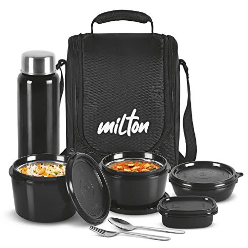 MILTON Pro Lunch Box with Steel Cutlery, 3 Microwave Safe Inner Steel Containers (180ml, 320ml, 450ml) Plastic Chutney Dabba 100ml, Bottle 750ml with Insulated Bag, Office Tiffin, Black - MILTON Kitchen