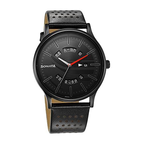 Sonata RPM Black Dial Leather Strap Analog Watch for Men-77105NL06 - Sonata Watch