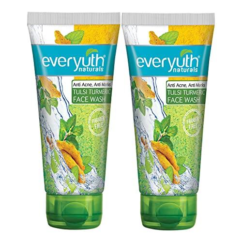 Everyuth Naturals Anti Acne,Anti Marks Tulsi Turmeric Face Wash|Gentle Exfoliation & Blemish Control|Paraben free|For Oily,Dry,Normal,Combination & Sensitive Skin|100% Soap Free - 150 g (Pack of 2) - Everyuth Beauty