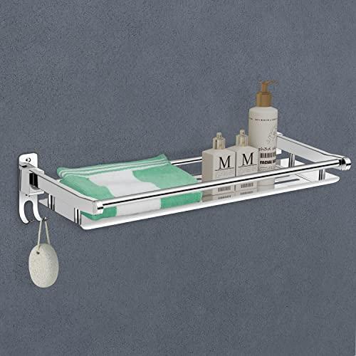 Primax Elegant Stainless Steel Multipurpose Folding Bathroom Shelf/Towel Rack with Towel Hooks/Bathroom Accessories – Wall Mount (Chrome)