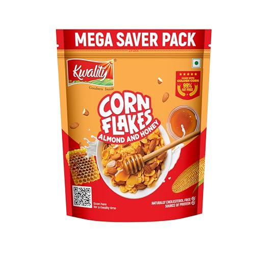 Kwality Corn Flakes with Almond & Honey 1kg | Made with Golden Corns | 99% Fat-Free | High in Protein, Zero Cholesterol | Healthy Breakfast Cereal - KWALITY Grocery