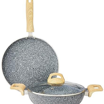 Amazon Basics Granite Finish Non Stick 2 Pcs Induction Base Cookware Set-Granito Grey (24 cm Kadai, 28cm Tawa) - amazon basics Kitchen