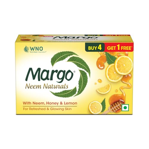 Margo Neem Naturals Soap with Goodness of 1000 Neem Leaves (100gm X Pack of 5) | Enriched With Honey & Lemon | Soap for Refreshed & Glowing Skin [100GM X 5]