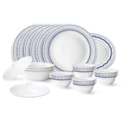 Larah by Borosil Jazzblue Fluted Series Opalware Dinner Set | 23 Pieces for Family of 6 | Microwave & Dishwasher Safe | Bone-Ash Free | Crockery Set for Dining & Gifting | Plates & Bowls | White