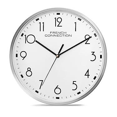 French Connection Elegant Decorative White Analog Wall Clock with Silver Rim - Size 12 inches - FCWC06-A - French Connection Home