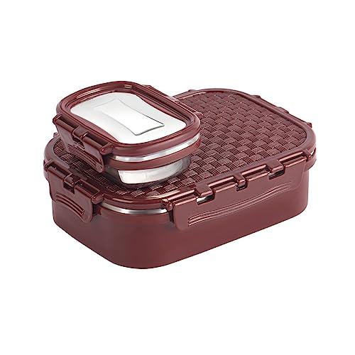 CELLO Matrix Medium Lunch Box, Maroon | Stainless Steel Lunch Box with Inner Separate Veg Box | Leak Proof and Break Resistant | Tiffin for Adults with Snap Lock | Ideal for Office, School, College - CELLO Kitchen
