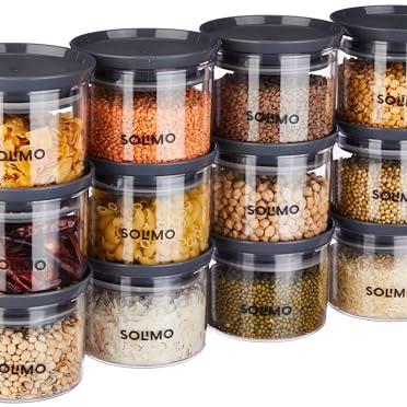 Amazon Solimo Plastic Storage Jar and Container Set I Air Tight & BPA Free Containers for Kitchen Storage Set I Grocery Kitchen Container Set I Multipurpose Jar, 500 Ml Each, Set 12, Grey - Amazon Brand - Solimo Kitchen