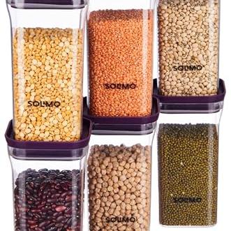 Amazon Brand - Solimo Plastic Storage Jar And Container Set I Air Tight&Bpa Free Containers For Kitchen Storage Set I Grocery Kitchen Container Set I Multipurpose Jar, 1100 Ml Each, Set 6, Purple - Amazon Brand - Solimo Kitchen